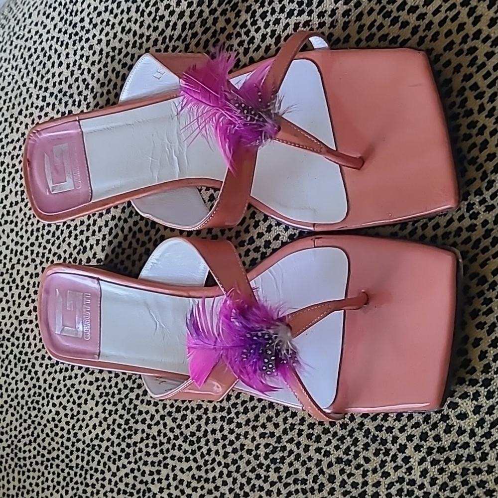 Gerutti Leather Orange Open Sandals with feathers square toe flip flop size 39